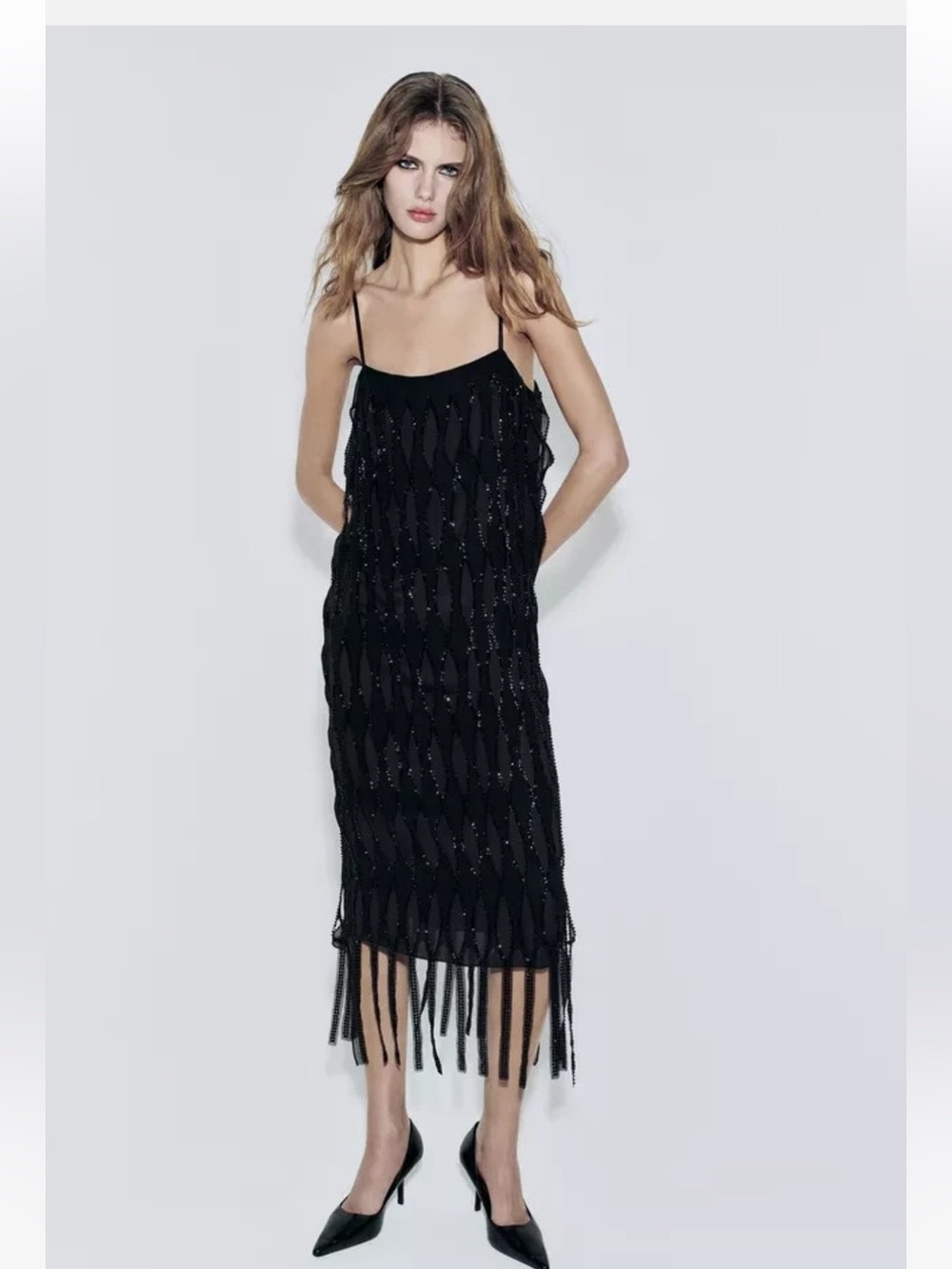 Zara Black Beaded Fringe Slip Dress